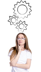 Woman thoughts gears thinking on white background isolation