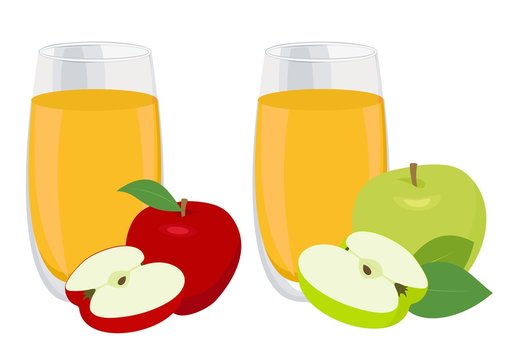 Juice set. Glass of apple juice with red and green apples. Raster illustration on white background
