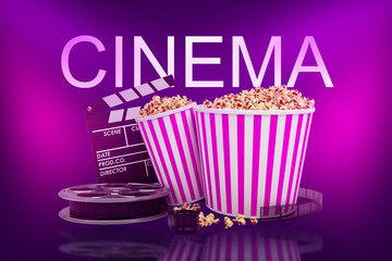 3d rendering of two popcorn buckets, film reel, movie clapper with CINEMA sign above on neon pink background
