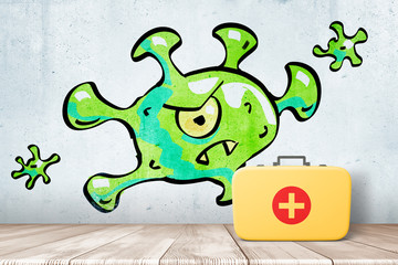 3d rendering of wall with drawing of big green monster-like bacterium and yellow doctor's case on wooden floor at the wall.