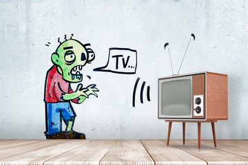 3d rendering of room with retro TV set and drawing of green zombie on wall uttering word 'TV' in speech bubble.
