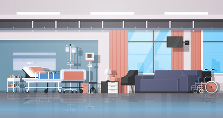 modern hospital room interior intensive therapy patient ward nursing care bed on wheels comfortable couch and wheelchair clinic furniture horizontal