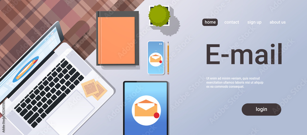 Poster envelope digital marketing e-mail inbox message send business mail concept top angle view desktop la