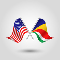 vector two crossed american and seychelliose flags on silver sticks - symbol of united states of america and republic fo seychelles