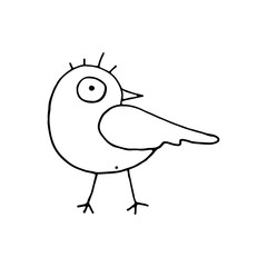 Linear cartoon hand drawn bird symbol. Cute vector black and white bird symbol. Isolated monochrome doodle bird symbol on white background.