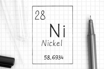 Handwriting chemical element Nickel Ni with black pen, test tube and pipette.