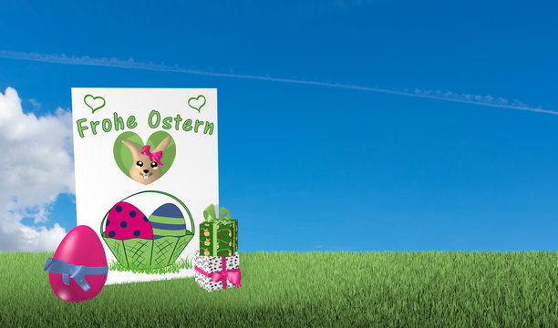 Grußkarte aus der ein Osterhase schaut mit Geschenken und Osterei auf grüner Wiese mit blauem Wolkenhimmel.