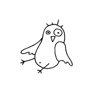 Linear cartoon hand drawn bird symbol. Cute vector black and white bird symbol. Isolated monochrome doodle bird symbol on white background.