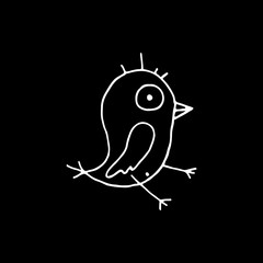 Linear cartoon hand drawn bird symbol. Cute vector black and white bird symbol. Isolated monochrome doodle bird symbol on black background.
