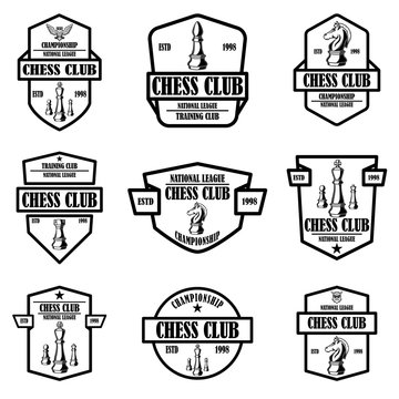 Set of chess club emblems. Design element for logo, label, sign, poster, card.