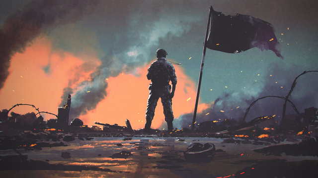 Fototapeta Żołnierz stojący samotnie po wojnie na polu bitwy grafika na wymiar