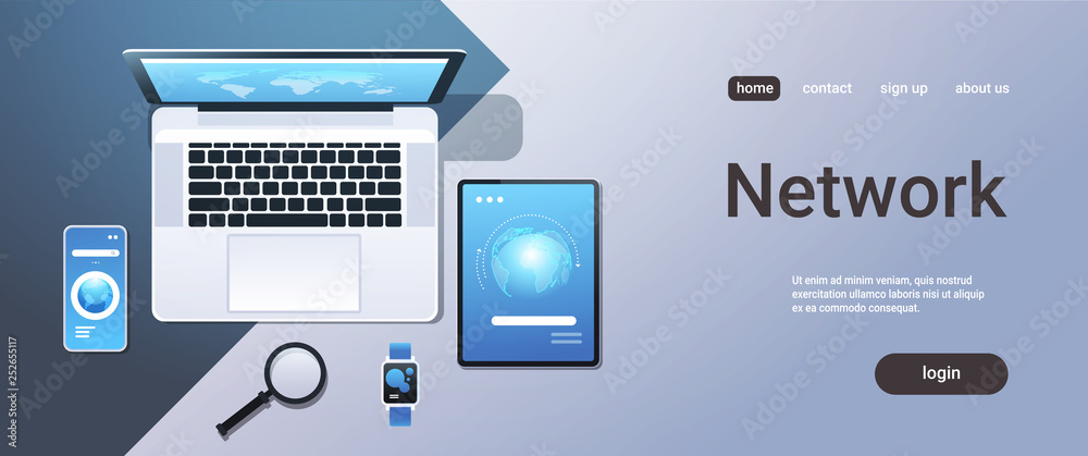Poster cloud computing technology network sync concept top angle view desktop laptop smartphone tablet smar