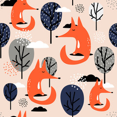 Foxes, trees and clouds, hand drawn backdrop. Colorful seamless pattern with animals. Decorative cute wallpaper, good for printing. Overlapping background vector. Design illustration - 252655153
