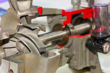 Close up cross section detail impeller and inside centrifugal pump for industrial