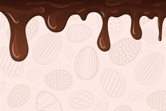 Easter egg pattern, dripping brown chocolate on decorated background. Holiday eggs texture. Melt fluid sweet dessert. Tasty splash liquid. Brown delicious cream. Flowing trickle. Vector illustration