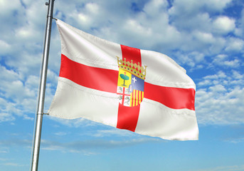 Fototapeta na wymiar Zaragoza province of Spain flag waving sky background 3D illustration