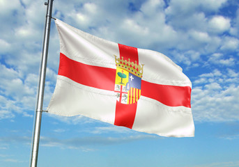 Zaragoza province of Spain flag waving sky background 3D illustration