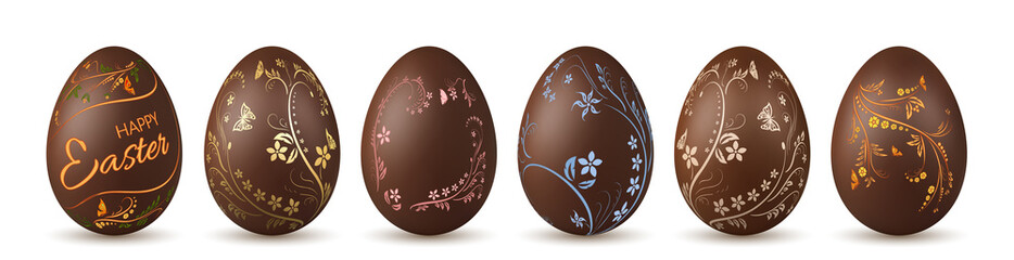 Easter egg 3d. Chocolate brown eggs set, isolated white background. Traditional sweet candy dessert, decoration Happy Easter celebration. Flower design element holiday, greeting. Vector illustration