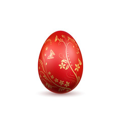 Easter egg 3D icon. Red egg, isolated white background. Floral hand drawn design, flower branch, leaf decoration pattern Happy Easter celebration. Holiday element. Spring symbol. Vector illustration