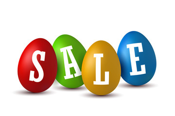 Easter egg text sale. Happy Easter eggs 3D template isolated on white background. Design banner, greeting poster, promotion, holiday decoration, special offer. Label tag discount. Vector illustration
