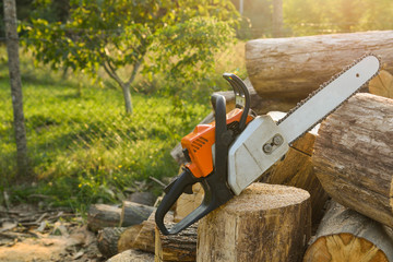 Naklejka premium Chainsaw that stands on a heap of firewood in the yard on a beautiful background of green grass and forest.