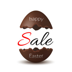 Easter egg text sale. Chocolate broken Happy Easter egg 3D template, isolated white background. Design for banner, greeting, promotion, holiday decoration, special offer discount. Vector illustration