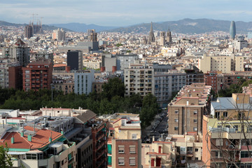 Naklejka premium Rooftops of Poblesec, raval and born neighbourhoods, Barcelona, Spain