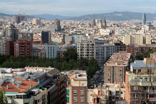 Rooftops of Poblesec, raval and born neighbourhoods, Barcelona, Spain