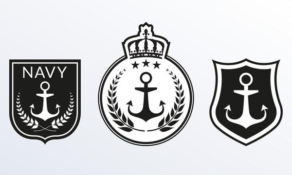 Navy badges set. Marine Patches logo collection. Nautical emblems with Shield and Anchor. Vector illustration. 