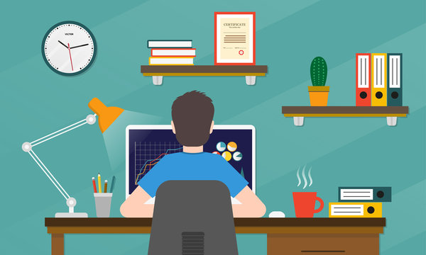 Man is working on the computer. Back view. Person sitting on a chair in the desk or table in the office room with a computer, wall clock and a lamp. Home office, workplace or workspace concept. Vector