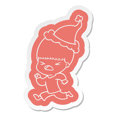 cartoon  sticker of a stressed man wearing santa hat