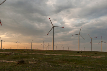 Sunset landscape with Wind turbines near Kaliakra Cape at Black Sea Coast,  Dobrich Region, Bulgaria,