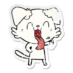 distressed sticker of a cartoon panting dog