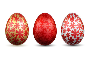 Easter egg 3D icon. Gold red eggs set isolated white background. Bright flower design, realistic decoration Happy Easter celebration. Holiday element. Shiny pattern. Spring symbol. Vector illustration
