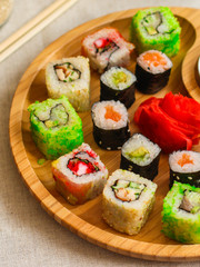 rolls and sushi set mix different tastes. food background. top