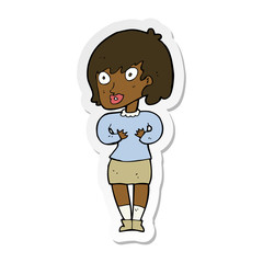 sticker of a cartoon woman making Who Me gesture
