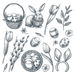 Easter eggs, basket, rabbit, willow and tulips. Vector sketch illustration. Spring holiday design elements set © Qualit Design