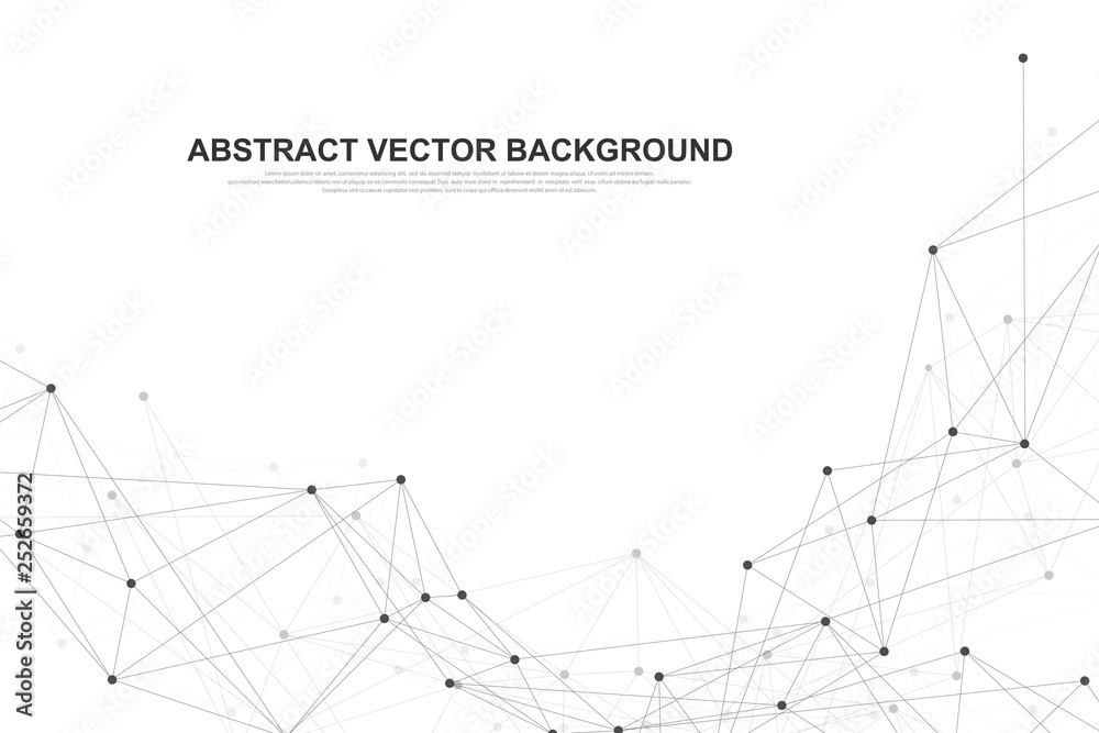 Poster Abstract plexus background with connected lines and dots. Wave flow. Plexus geometric effect Big data with compounds. Lines plexus, minimal array. Digital data visualization. Vector illustration
