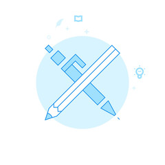 Crossed Pen and Pencil Flat Vector Illustration, Icon. Light Blue Monochrome Design. Editable Stroke