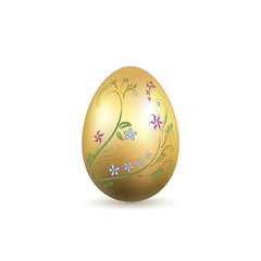 Easter egg 3D icon. Gold egg, isolated white background. Floral hand drawn design, flower branch decoration pattern Happy Easter celebration. Holiday element. Spring symbol. Vector illustration