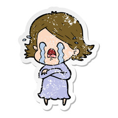distressed sticker of a cartoon woman crying