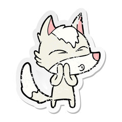 distressed sticker of a cartoon wolf whistling