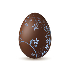 Easter egg 3d icon. Chocolate brown egg, isolated white background. Flower, branch, leaf. Sweet candy dessert, decoration Happy Easter celebration. Hand drawn design element. Vector illustration