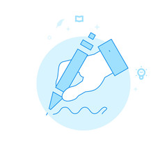 Hand Holding a Pen Flat Vector Illustration, Icon. Light Blue Monochrome Design. Editable Stroke