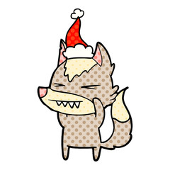 angry wolf comic book style illustration of a wearing santa hat