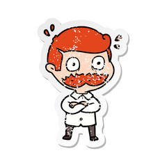 distressed sticker of a cartoon man with mustache shocked