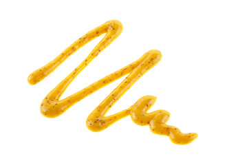 Yellow mustard sauce, spread isolated on white background.  Zig-zag form.