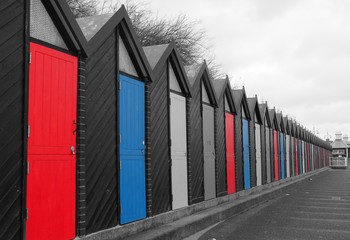 Fototapeta premium Colourful beach huts at Lowestoft Beach, Suffolk