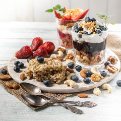 Close up. Healthy yogurt with berries and mint