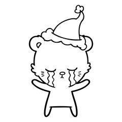 crying line drawing of a polarbear wearing santa hat